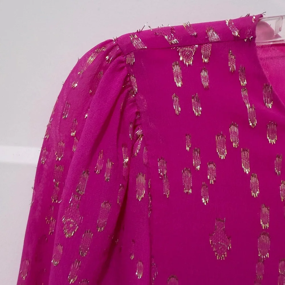 Lilly Pulitzer Pink Gold Metallic Silk Blend Smocked Puff Sleeve Blouse Medium